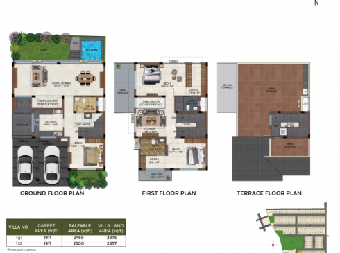 Casagrand Selenia 3 BHK Villa No. 131, 132 Ground Floor First Floor and Terrace Plan