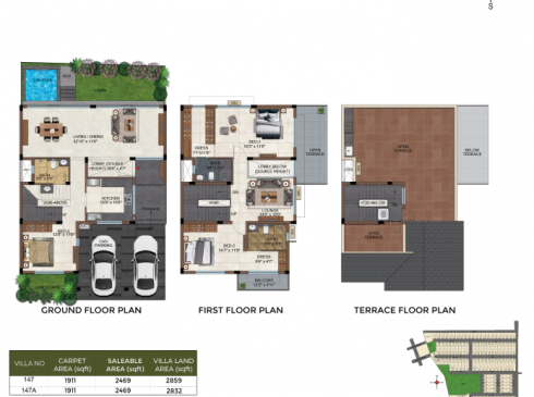 Casagrand Selenia 3 BHK Villa No. 147,147A Ground Floor First Floor and Terrace Plan