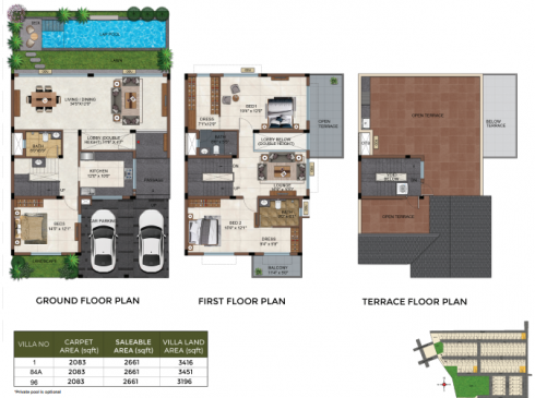 Casagrand Selenia 3 BHK Villa No. 1,84,96 Ground Floor First Floor and Terrace Plan