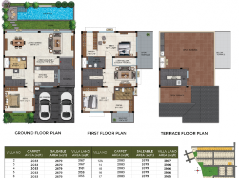 Casagrand Selenia 3 BHK Villa No. 2,3,4,5,…,86,87 Ground Floor First Floor and Terrace Plan