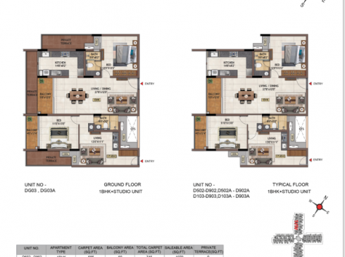 Casagrand Vivacity 1BHK Ground & Studio Floor Plans - Units DG03, DG03A, D103-D903, D502-D902