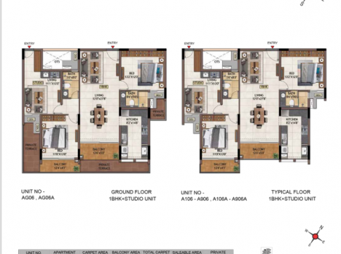 Casagrand Vivacity 1BHK Ground & Studio Floor Plans - Units AG06, AG06A, A106-A906, A106A-A906A