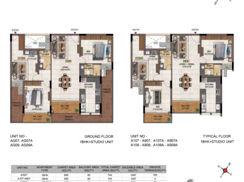 Casagrand Vivacity 1BHK Ground & Studio Floor Plans - Units AG07-A907, AG07A-A907A, AG09-A909, and AG09A-A909A