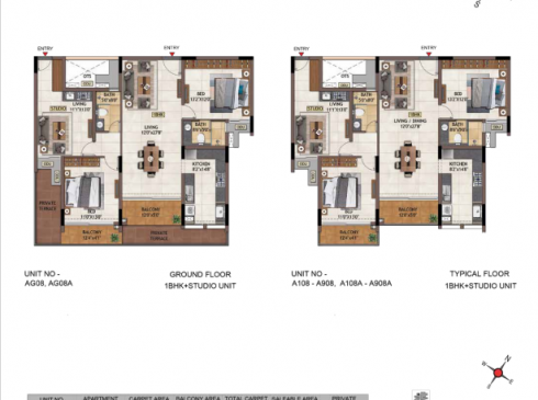 Casagrand Vivacity 1BHK Ground & Studio Floor Plans - Units AG08-A908, and AG08A-A908A