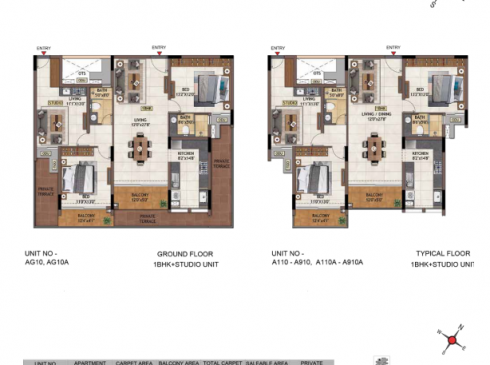Casagrand Vivacity 1BHK Ground & Studio Floor Plans - Units AG10-A910, and AG10A-A910A