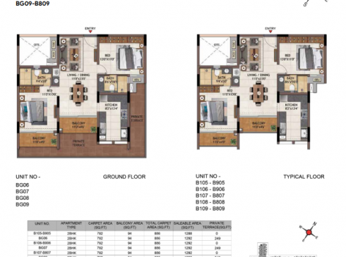 Casagrand Vivacity 2BHK Ground & Typical Floor Plans - Units BG05-B905, BG06-B906, BG07-B907, BG08-B908, and BG09-B909