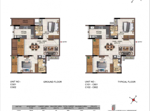 Casagrand Vivacity 2BHK Ground & Typical Floor Plans - Units CG01-C901 and CG02-C902