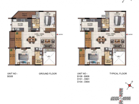 Casagrand Vivacity 2BHK Ground & Typical Floor Plans - Units BG08-B908, D101-D901, and D104-D904