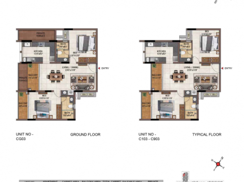 Casagrand Vivacity 2BHK Ground Floor Plan for Unit CG03 & Typical Floor Plan for Unit C103-C903