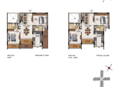 Casagrand Vivacity 2BHK Ground Floor Plan for Unit AG07 & Typical Floor Plan for Unit A107-A907