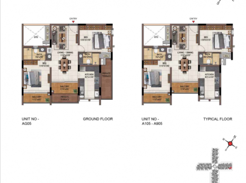 Casagrand Vivacity 2BHK Ground Floor Plan for Unit AG05 & Typical Floor Plan for Unit A105-A905