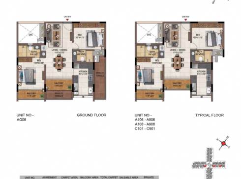 Casagrand Vivacity 2BHK Ground & Typical Floor Plans - Units AG06-A906, A108-A908, and C101-C901