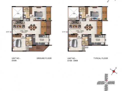 Casagrand Vivacity 2BHK Ground Floor Plan for Unit DG08 & Typical Floor Plan for Unit D108-D908
