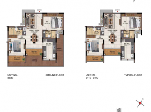 Casagrand Vivacity 2BHK Ground Floor Plan for Unit BG10 & Typical Floor Plan for Unit B110-D910