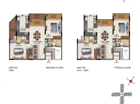 Casagrand Vivacity 2BHK Ground Floor Plan for Unit AG01 & Typical Floor Plan for Unit A101-D901