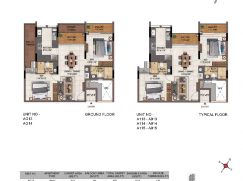 Casagrand Vivacity 2BHK Ground & Typical Floor Plans - Units AG13-A913, AG14-A914, and A115-A915
