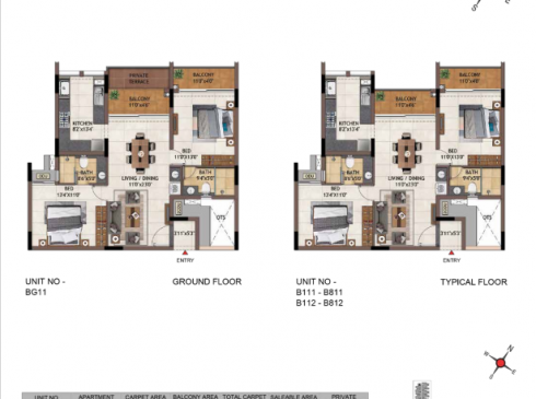 Casagrand Vivacity 2BHK Ground & Typical Floor Plans - Units BG11-B811 and B112-B812