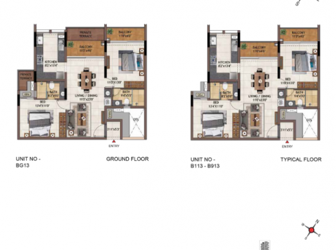 Casagrand Vivacity 2BHK Ground Floor Plan for Unit BG13 & Typical Floor Plan for Unit B113-B913