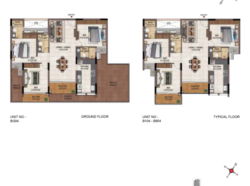 Casagrand Vivacity 3BHK Ground Floor Plan for Unit BG04 & Typical Floor Plan for Unit B104-B904