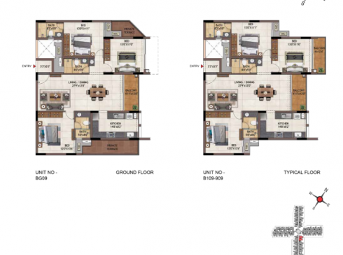 Casagrand Vivacity 3BHK Ground Floor Plan for Unit BG09 & Typical Floor Plan for Unit B109-B909