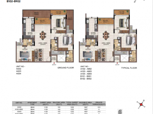 Casagrand Vivacity 3BHK Ground & Typical Floor Plans for Units AG02-04, A102-904, B101-902