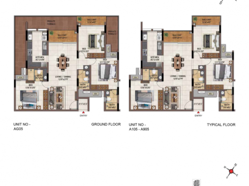Casagrand Vivacity 3BHK Ground Floor Plan for Unit AG05 & Typical Floor Plan for Units A105-A905