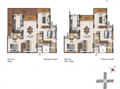 Casagrand Vivacity 3BHK Ground Floor Plan for Unit AG04 & Typical Floor Plan for Units A104-A904
