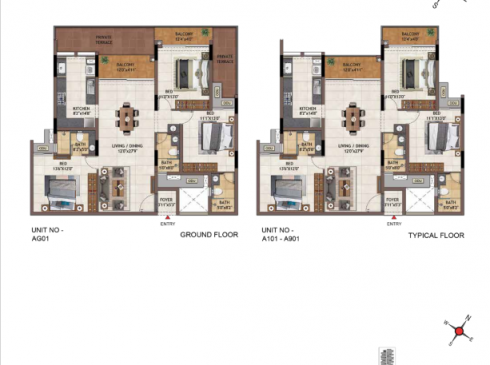 Casagrand Vivacity 3BHK Ground Floor Plan for Unit AG01 & Typical Floor Plan for Unit A101-A901