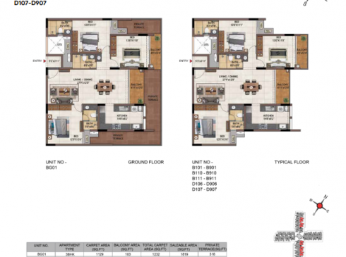 Casagrand Vivacity 3BHK Ground Floor Plan for Unit BG01 & Typical Floor Plan for Unit B101-B901, and D106-D906