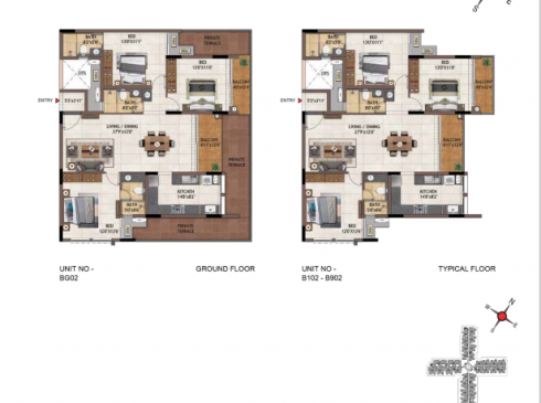 Casagrand Vivacity 3BHK Ground Floor Plan for Unit BG02 & Typical Floor Plan for Unit B102-B902