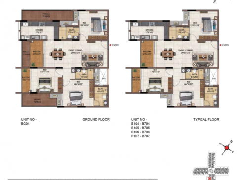 Casagrand Vivacity 3BHK Ground & Typical Floor Plans - Unit BG04-B704, B105-B705, BG06-B706, and BG07-B707