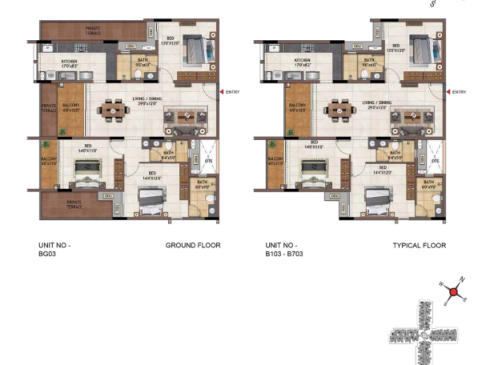 Casagrand Vivacity 3BHK Ground Floor Plan for Unit BG03 & Typical Floor Plan for Unit B103-B703