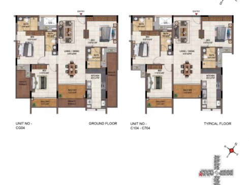 Casagrand Vivacity 3BHK Ground Floor Plan for Unit CG04 & Typical Floor Plan for Unit C104-C704