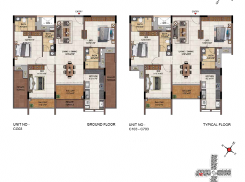 Casagrand Vivacity 3BHK Ground Floor Plan for Unit CG03 & Typical Floor Plan for Unit C103-C703