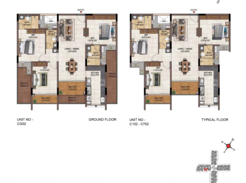 Casagrand Vivacity 3BHK Ground Floor Plan for Unit CG02 & Typical Floor Plan for Unit C102-C702