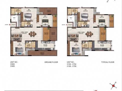 Casagrand Vivacity 3BHK Ground Floor Plan for Units CG04, CG05 & Typical Floor Plan for Units C104-C704 and C105-C705