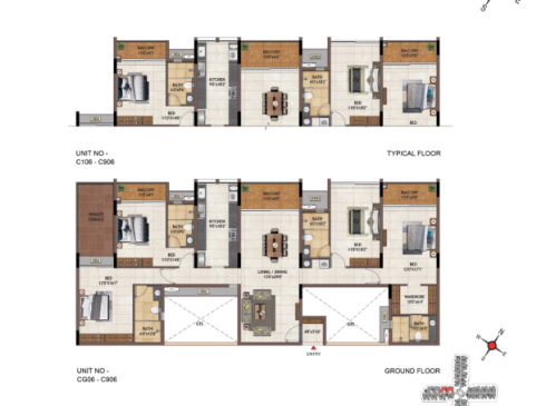 Casagrand Vivacity 4BHK Ground Floor Plan for Unit CG06-C906 & Typical Floor Plan for Unit C106-C906