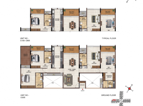 Casagrand Vivacity 3BHK Ground Floor Plan for Unit CG05 & Typical Floor Plan for Unit C105-C905
