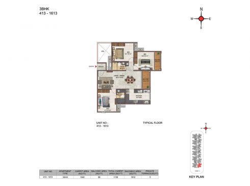 Casagrand Casablanca Unit G 413-1613- 3BHK Typical Floor Plan
