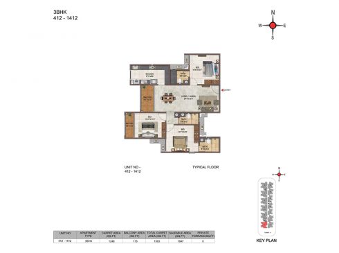 Casagrand Casablanca Unit 412-1412 - 3BHK Typical Floor Plan